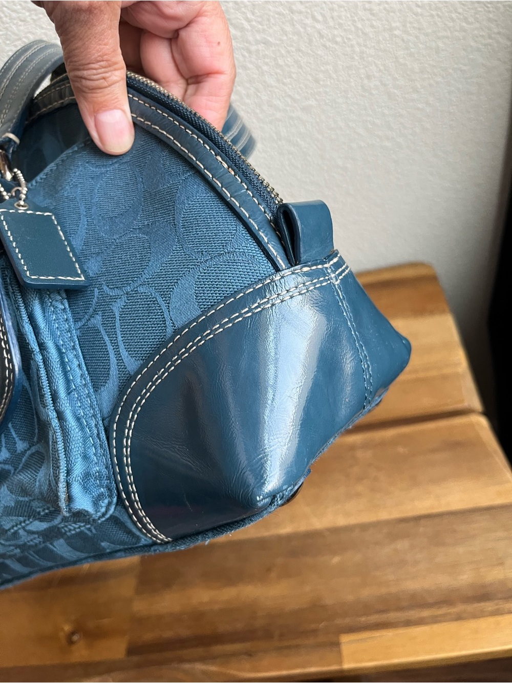 Coach Teal Signature Jacquard Satchel with Front Turn-Lock - Picture 7 of 16